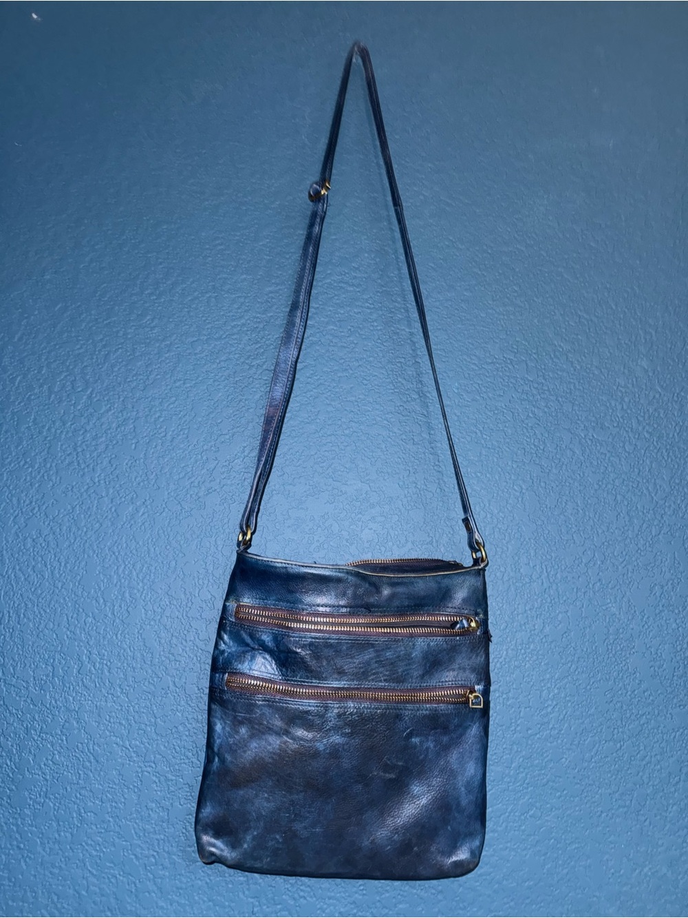 Navy Leather Crossbody with Double Zip and Gold Hardware